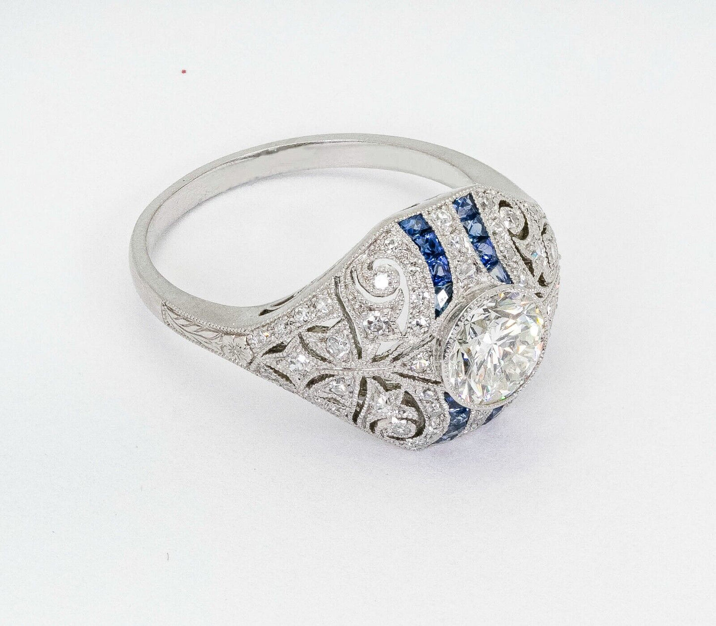 1.30 TCW Diamond & Blue Sapphire Art Deco Ring