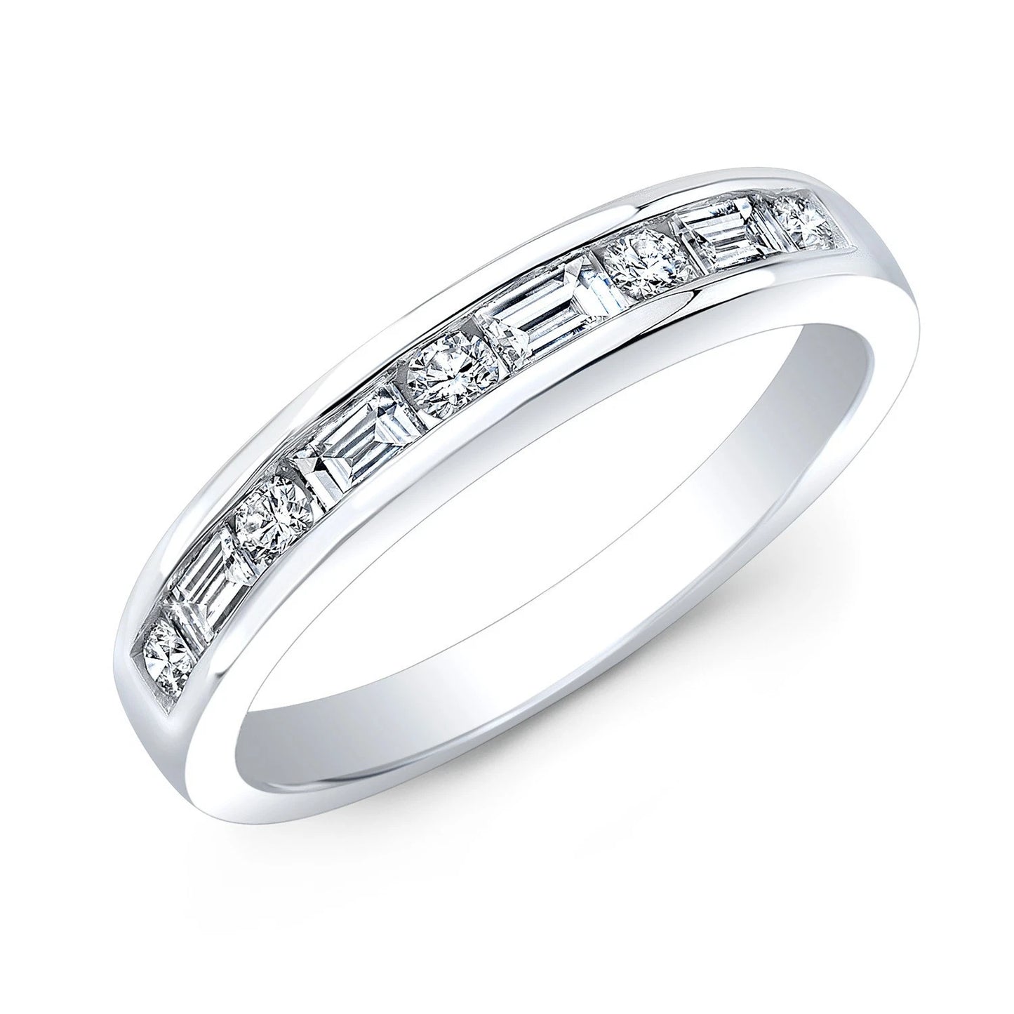 14K White Gold Diamond Channel Band Ring Baguette Round Cut Natural 0.45 CT
