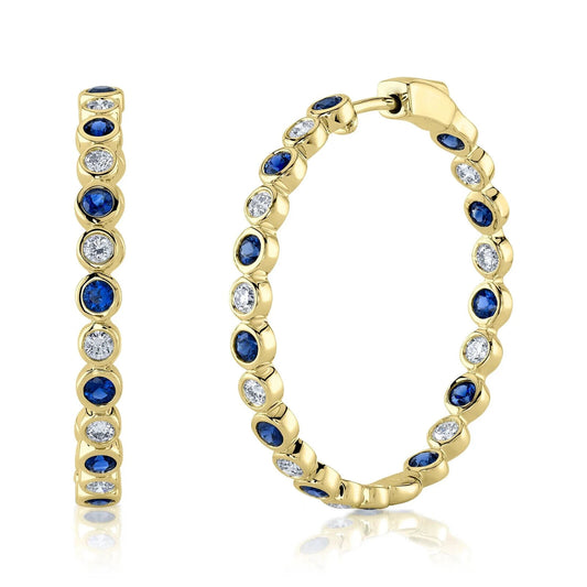 14K Gold Blue Sapphire Diamond Hoop Earrings
