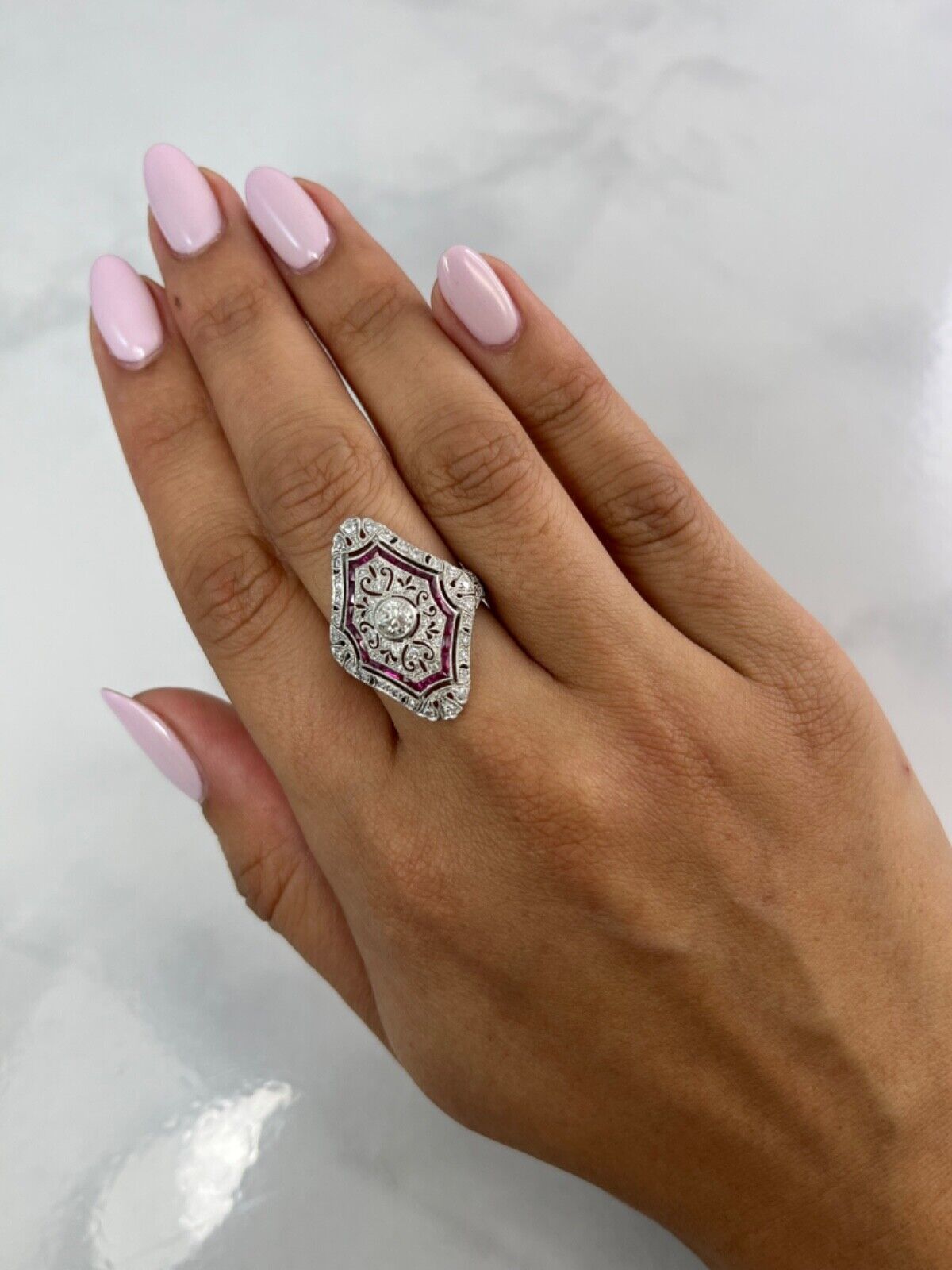Ruby And Diamond Platinum Art Deco Ring