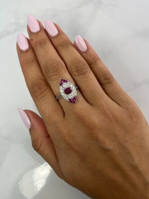 Oval Ruby Diamond Antique Platinum Art Deco Ring