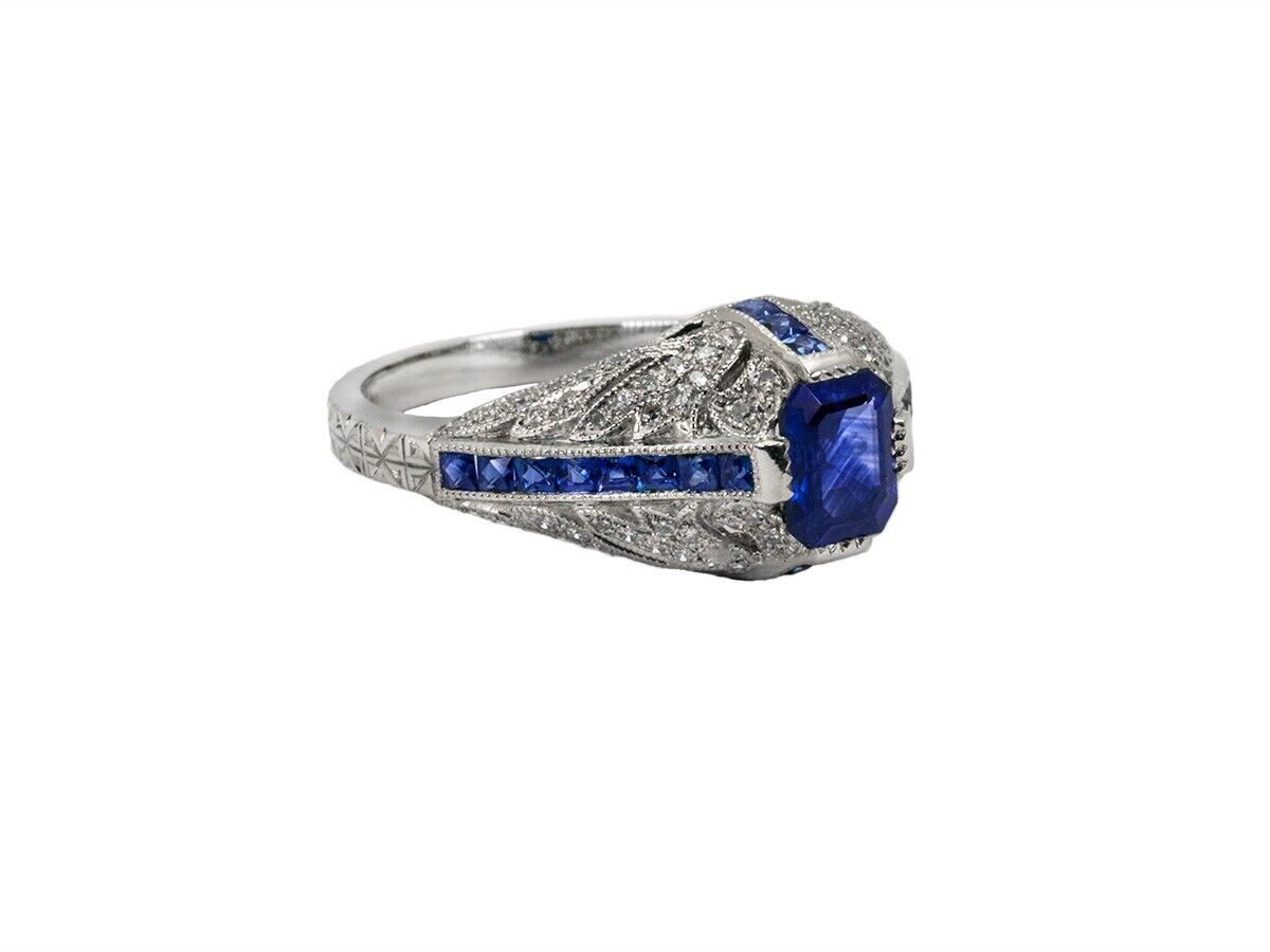 Blue Sapphire Diamond Platinum Art Deco Engagement Ring