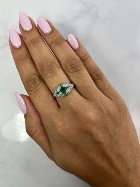 Art Deco Diamond Emerald Platinum Ring