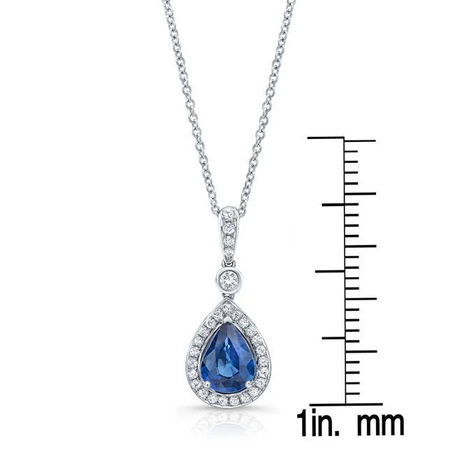 Blue Sapphire Diamond Teardrop Pear Necklace 14K White Gold Natural 1.45 CTW
