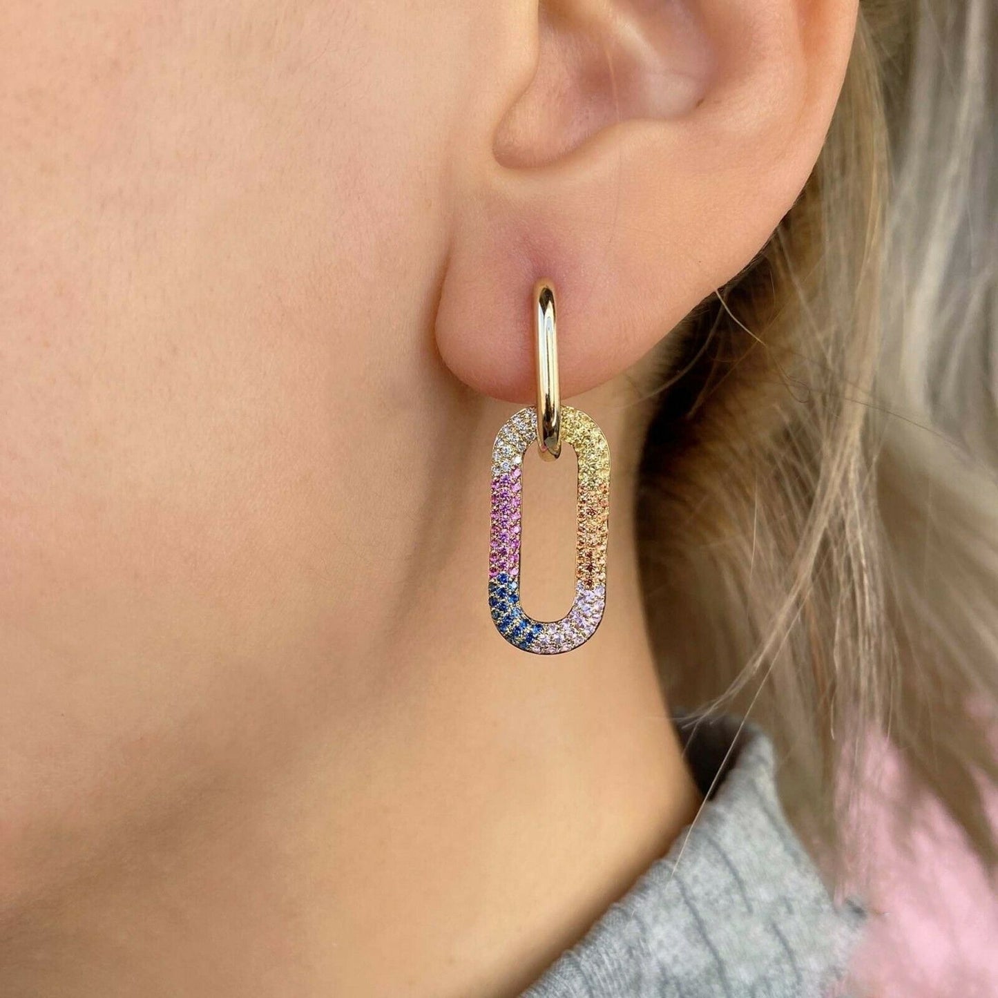14K Gold 1.18 CT Multi Color Gemstone Diamond Rainbow Earrings Drop Dangle