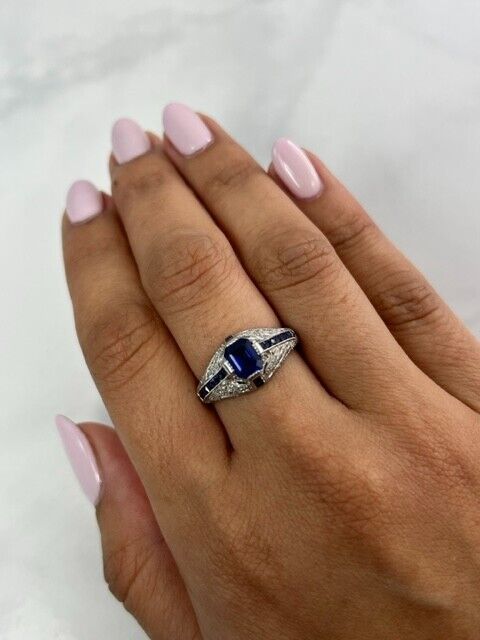 Blue Sapphire Diamond Platinum Art Deco Engagement Ring