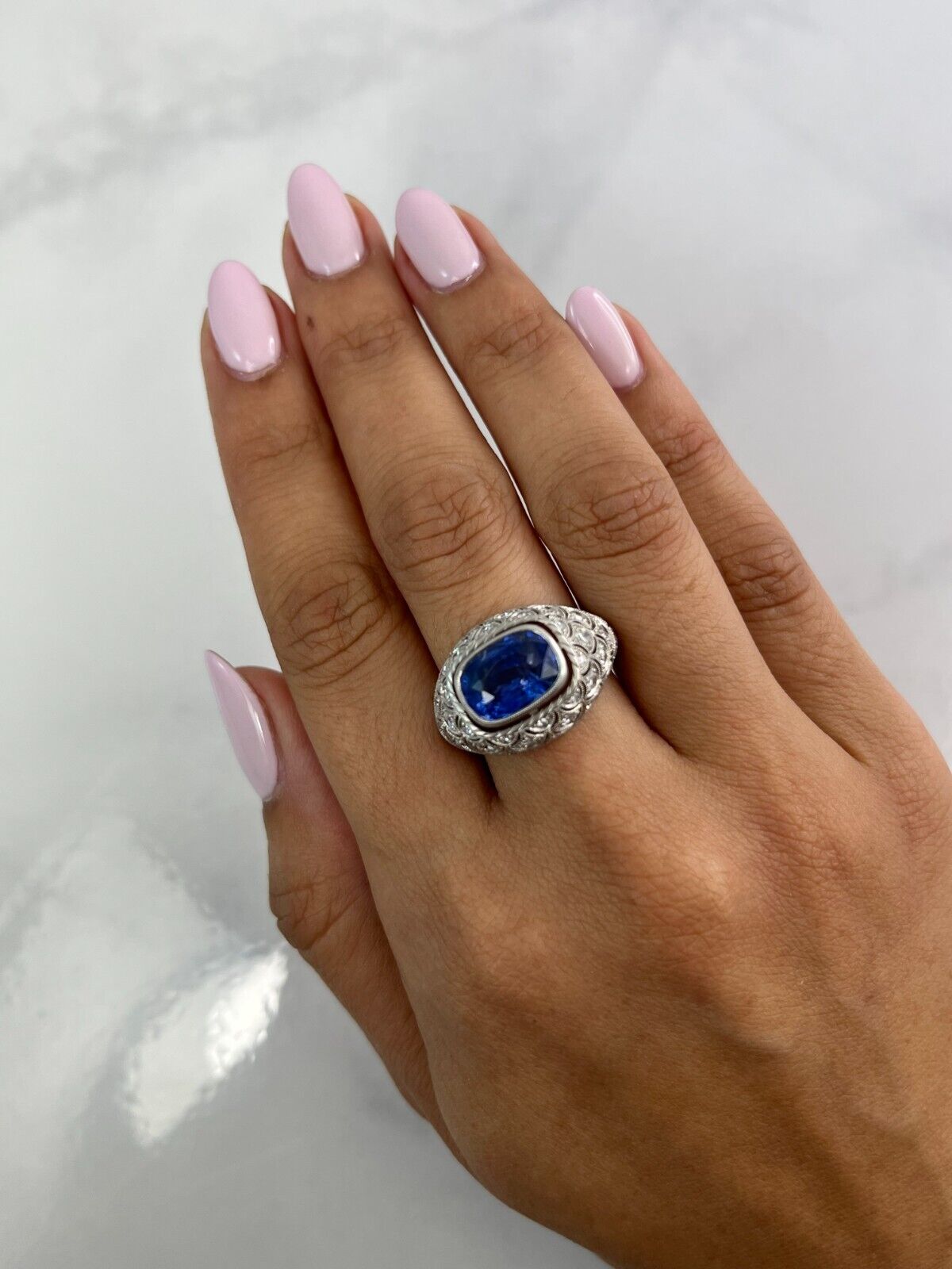 Cushion Blue Sapphire Diamond Platinum Art Deco Ring 5.30 GIA Certified