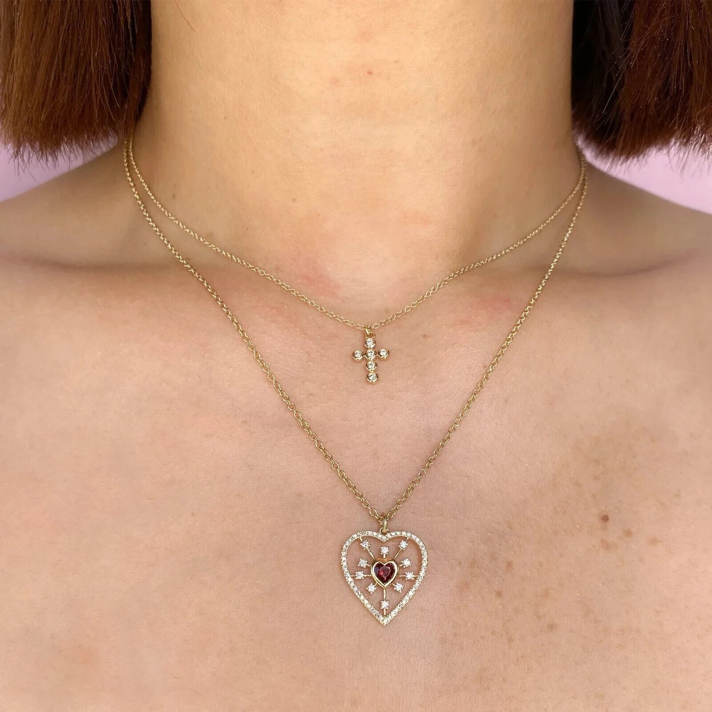 14K Gold Red Garnet Diamond Heart Necklace
