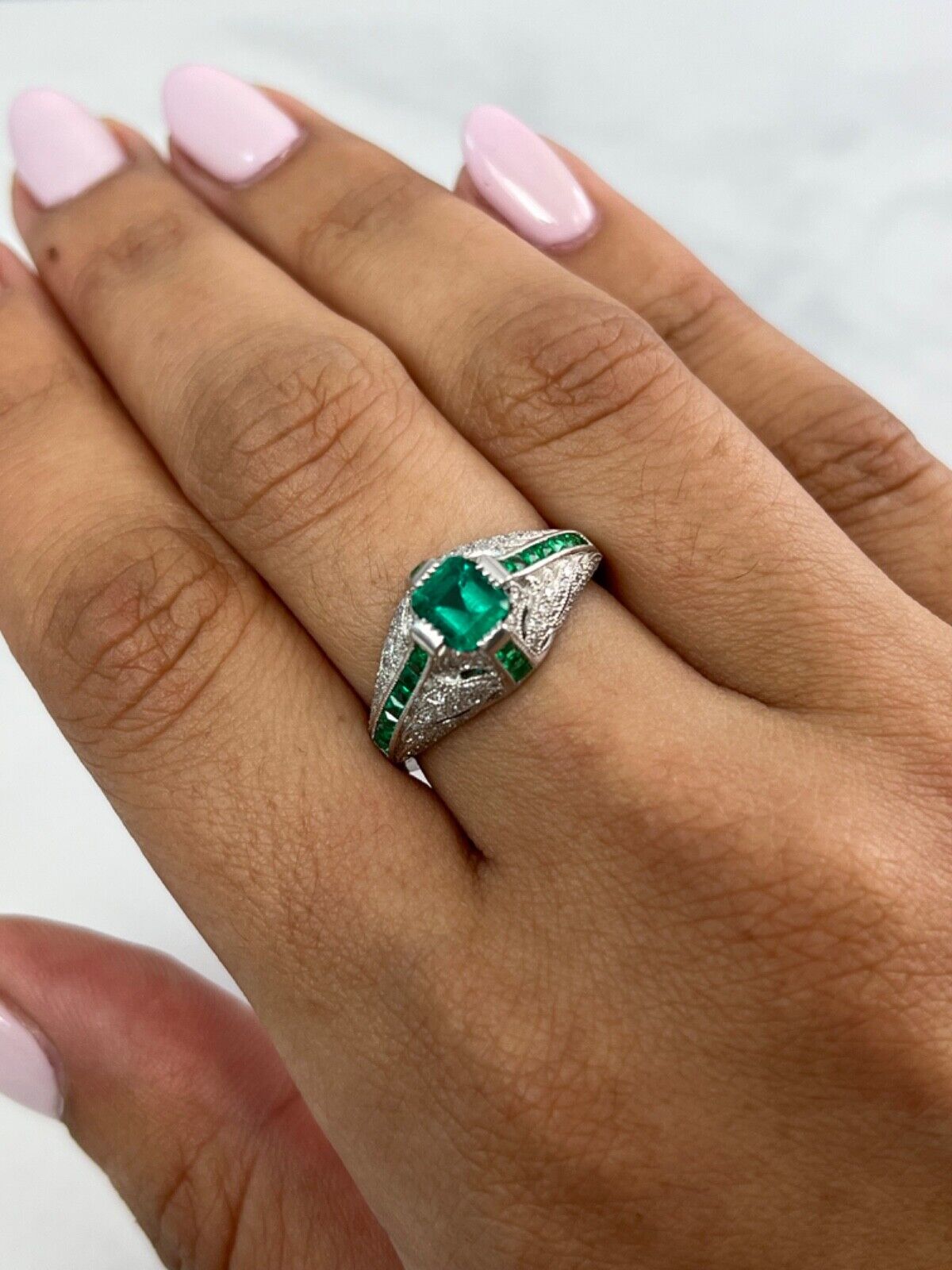 1.08 TCW Emerald And Diamond Platinum Art Deco Engagement Ring
