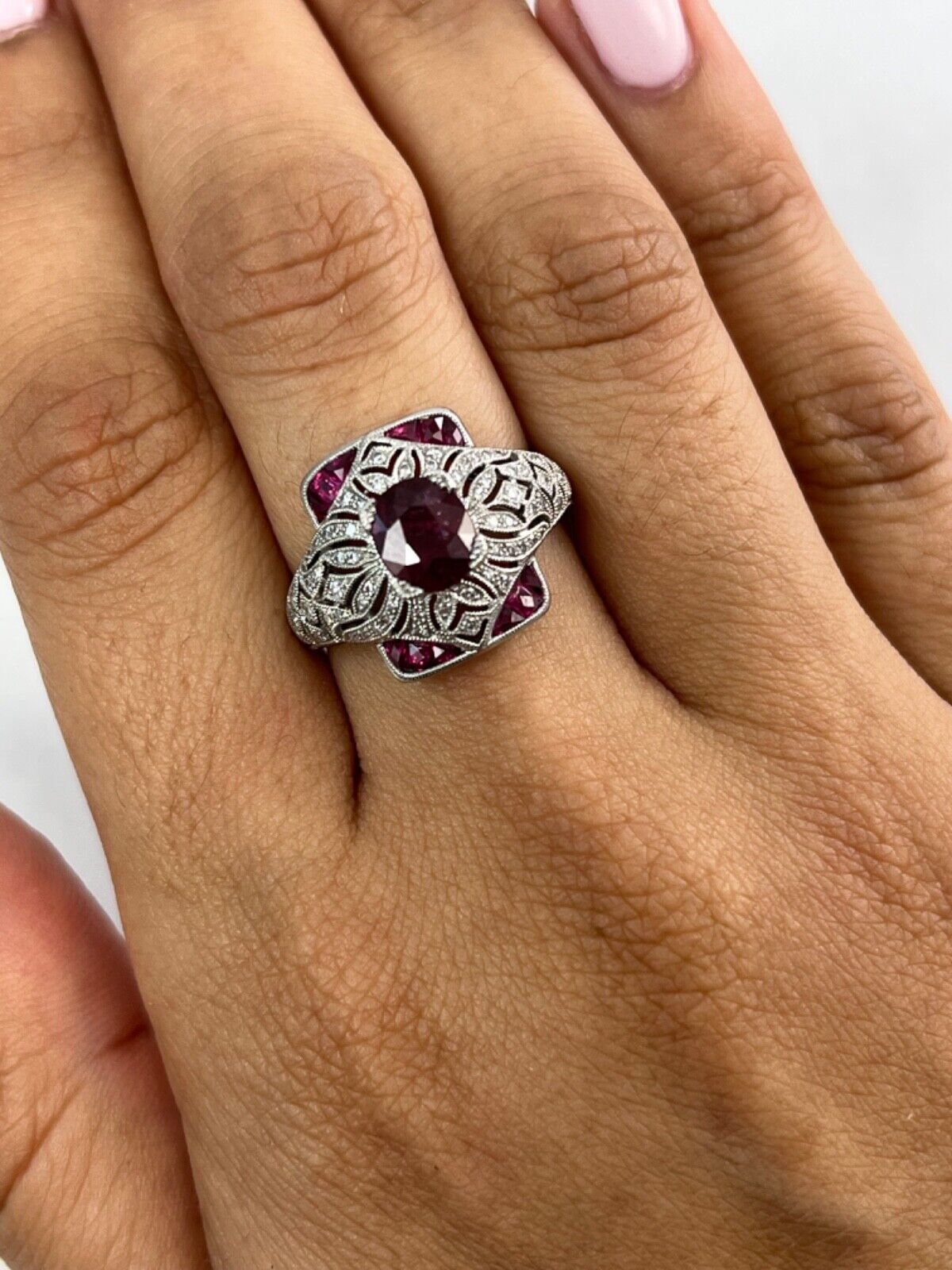 1.52 CT Ruby Diamond Art Deco Platinum Ring