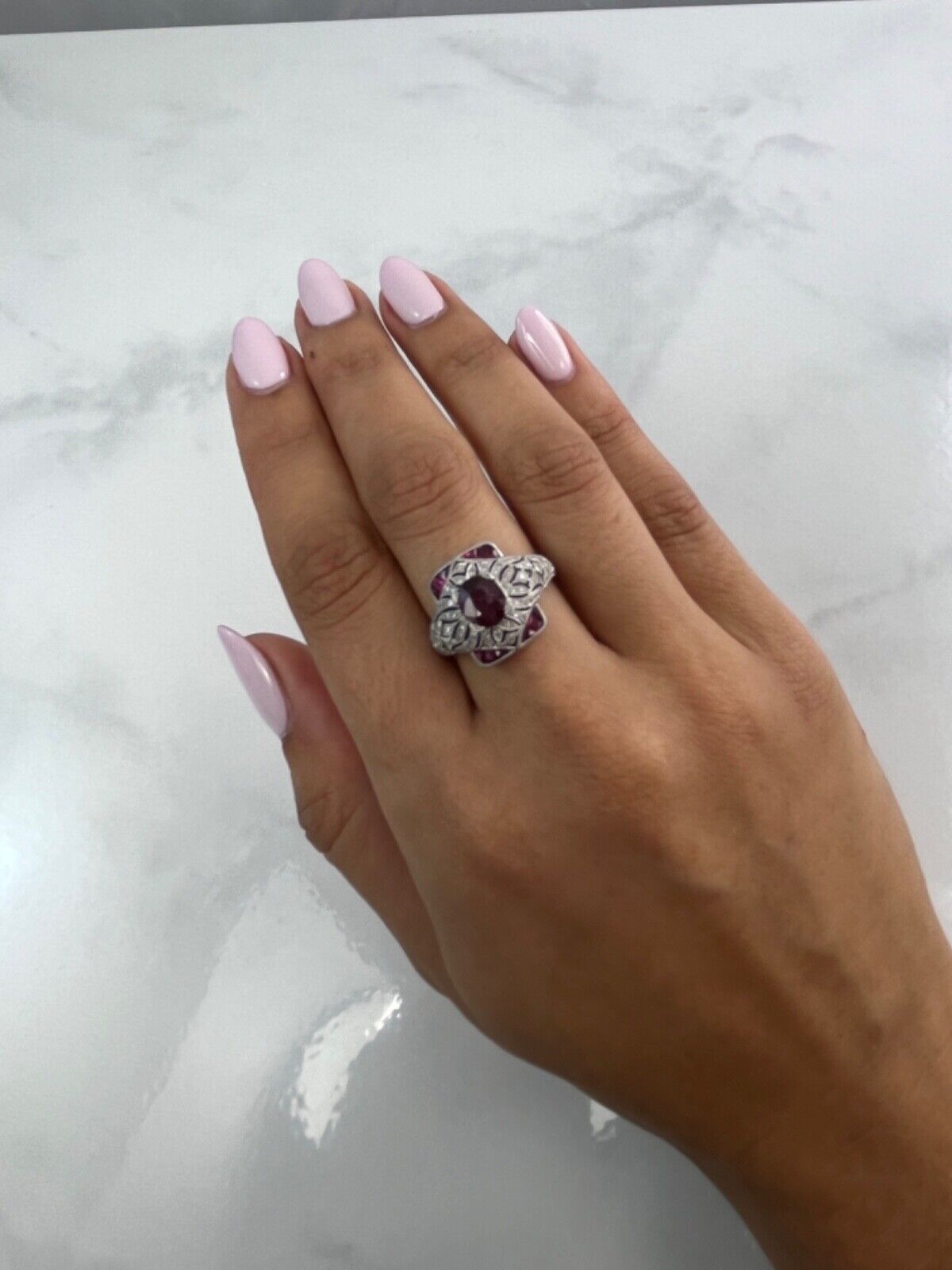 1.52 CT Ruby Diamond Art Deco Platinum Ring