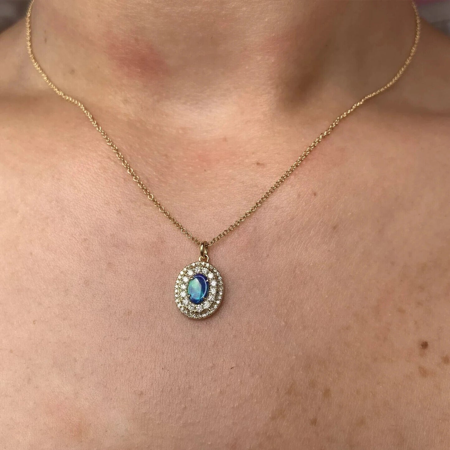 14K Gold Diamond Opal Necklace