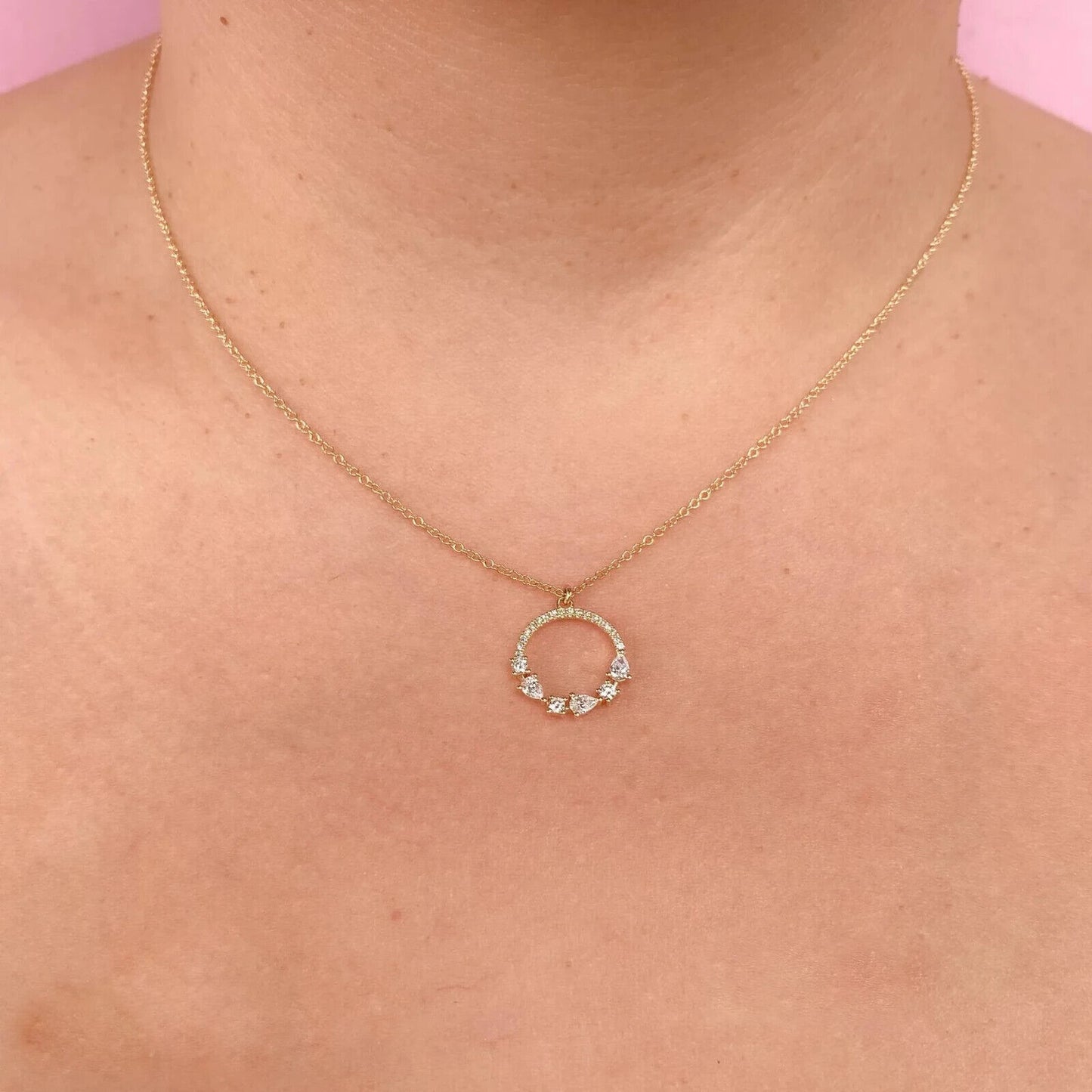 14K Gold Pear Diamond Circle Necklace