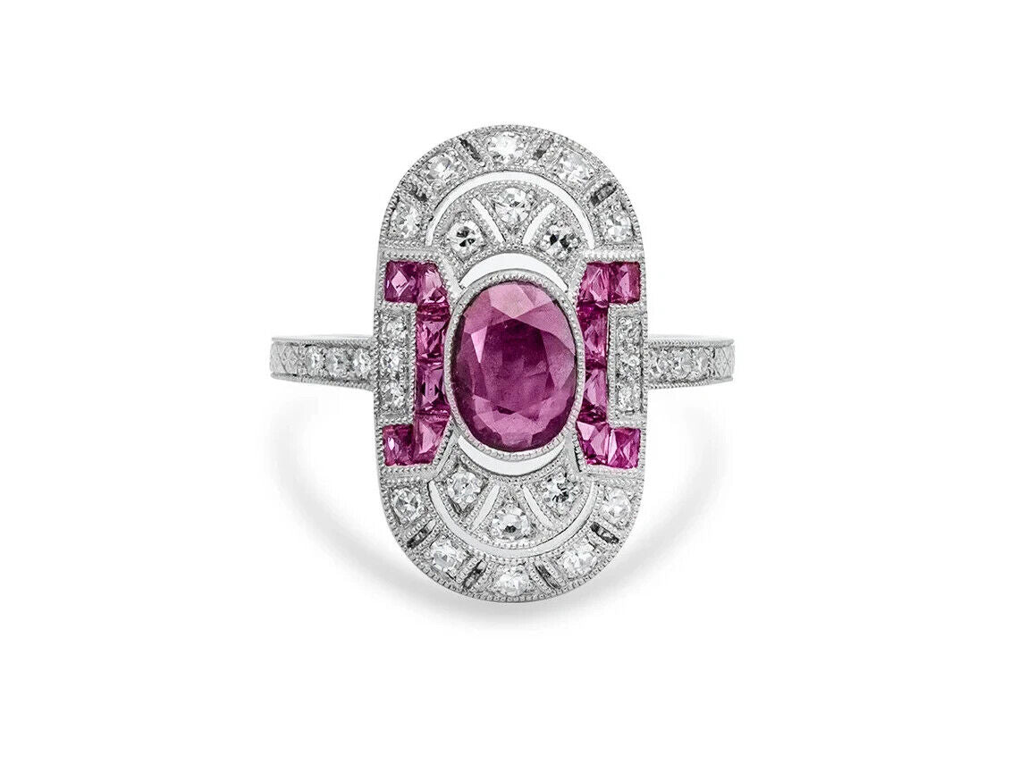 Art Deco Ruby Diamond Platinum Oval Ring Antique Inspired Natural
