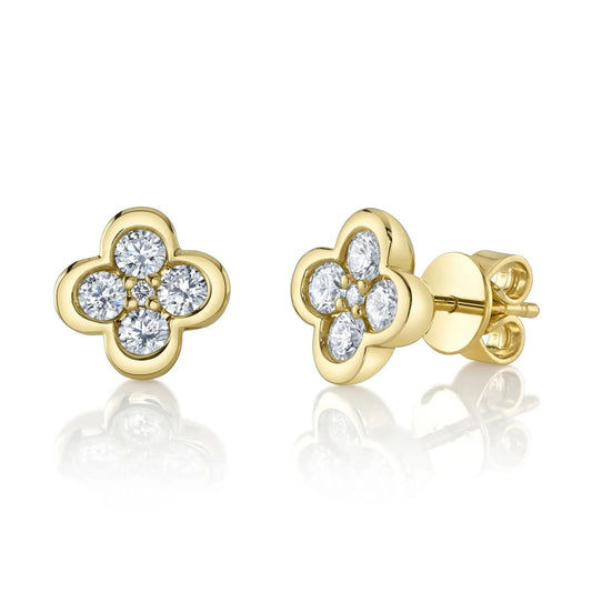 14K Gold Diamond Clover Stud Earrings