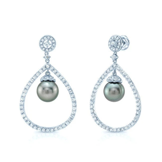 Black Pearl Diamond Teardrop Earrings 14K White Gold Natural