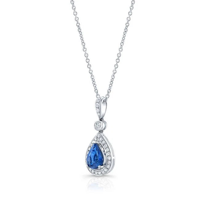 Blue Sapphire Diamond Teardrop Pear Necklace 14K White Gold Natural 1.45 CTW
