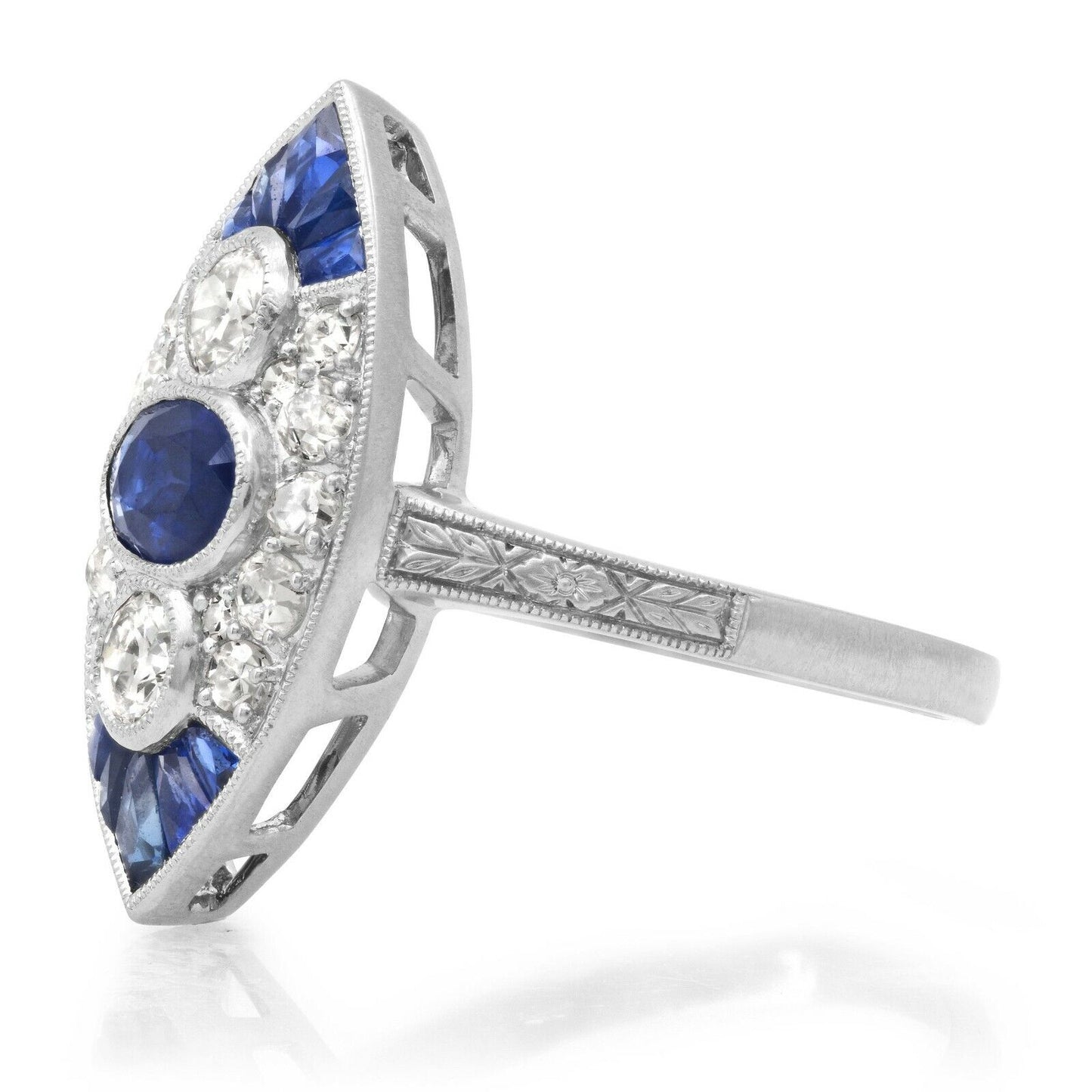 Art Deco Blue Sapphire Diamond Platinum Ring Natural
