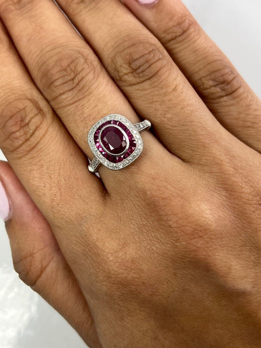 Art Deco Oval Ruby Diamond Platinum Engagement Ring Antique Finish