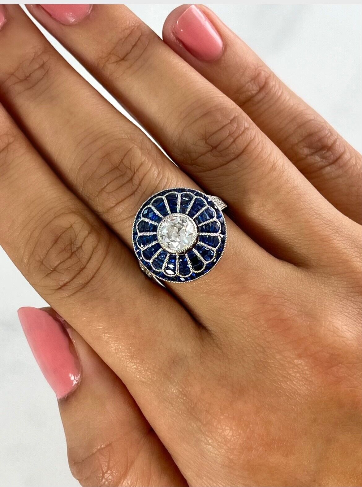 Art Deco Old Mine European Diamond Sapphire Platinum Ring Natural