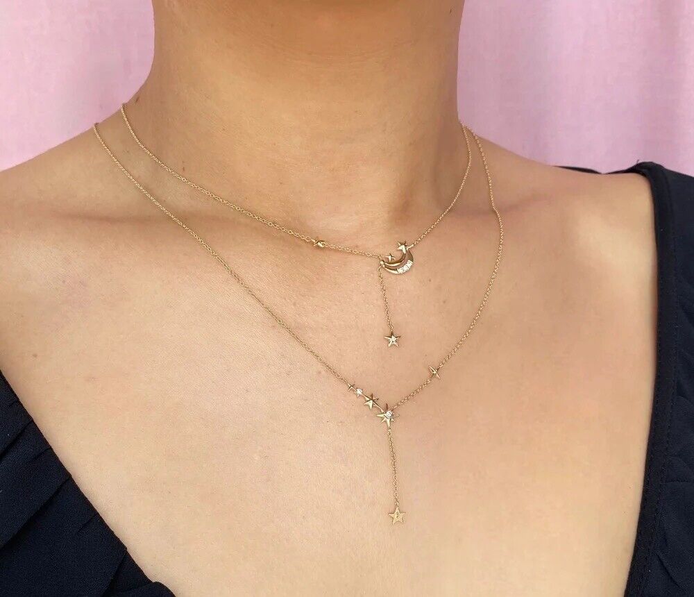 14K Gold Diamond Star Lariat Necklace