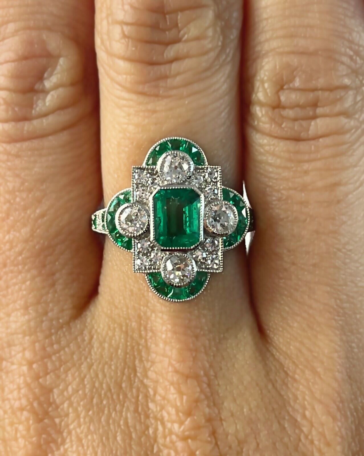 Art Deco Diamond Emerald Platinum Ring Handmade Certified Natural
