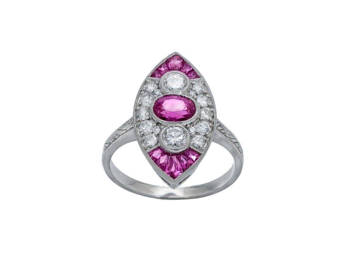 Oval Ruby & Diamond Antique Platinum Art Deco Ring
