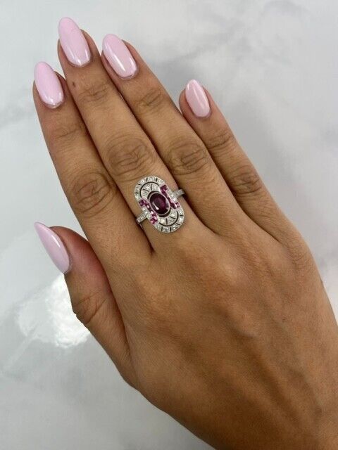 Art Deco Ruby Diamond Platinum Oval Ring Antique Inspired Natural