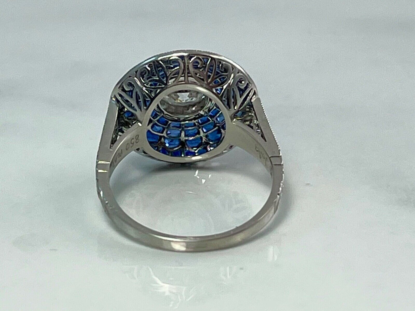 Art Deco Old Mine European Diamond Sapphire Platinum Ring Natural