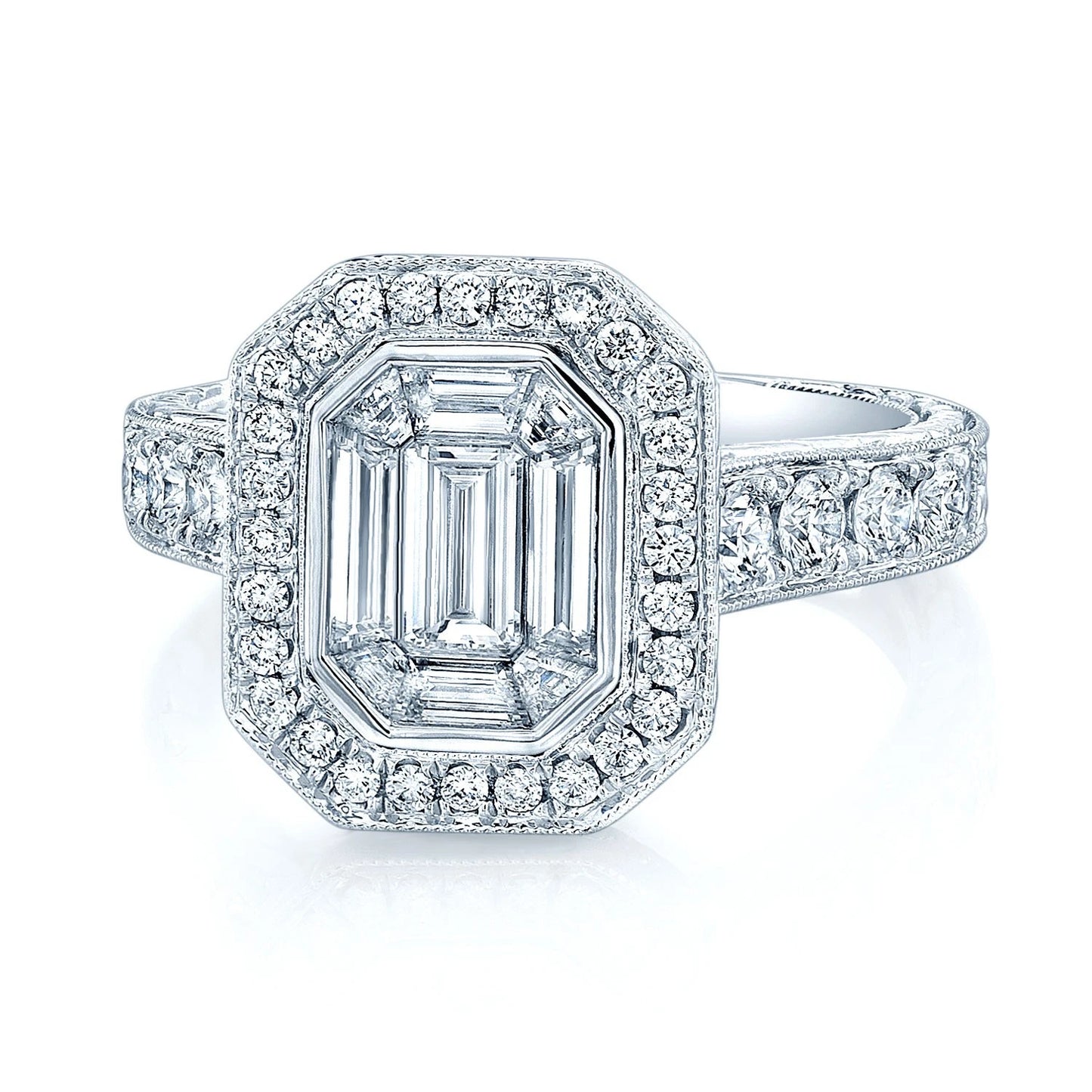 Emerald Cut Diamond Invisible Set Ring 18K White Gold Engagement Octagon 1.58CTW