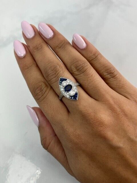 Art Deco Blue Sapphire Diamond Platinum Ring Natural