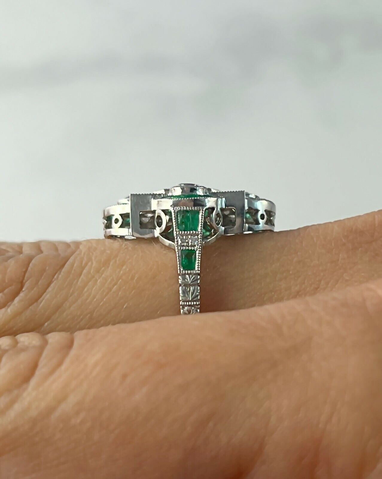 Art Deco Diamond Emerald Platinum Ring Handmade Certified Natural