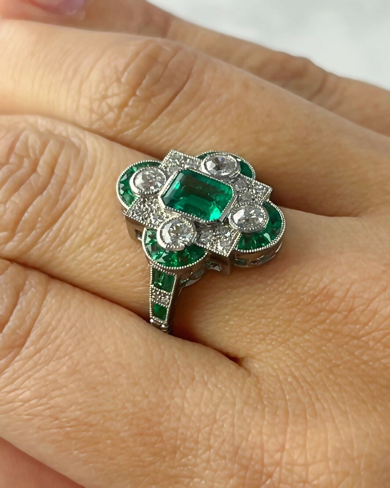 Art Deco Diamond Emerald Platinum Ring Handmade Certified Natural