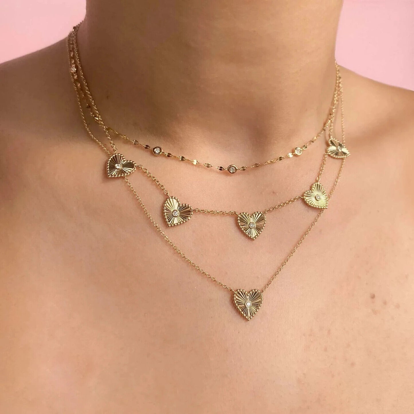 14K Gold Diamond Hearts Necklace