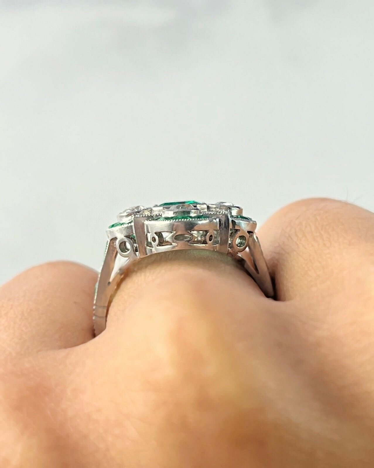 Art Deco Diamond Emerald Platinum Ring Handmade Certified Natural