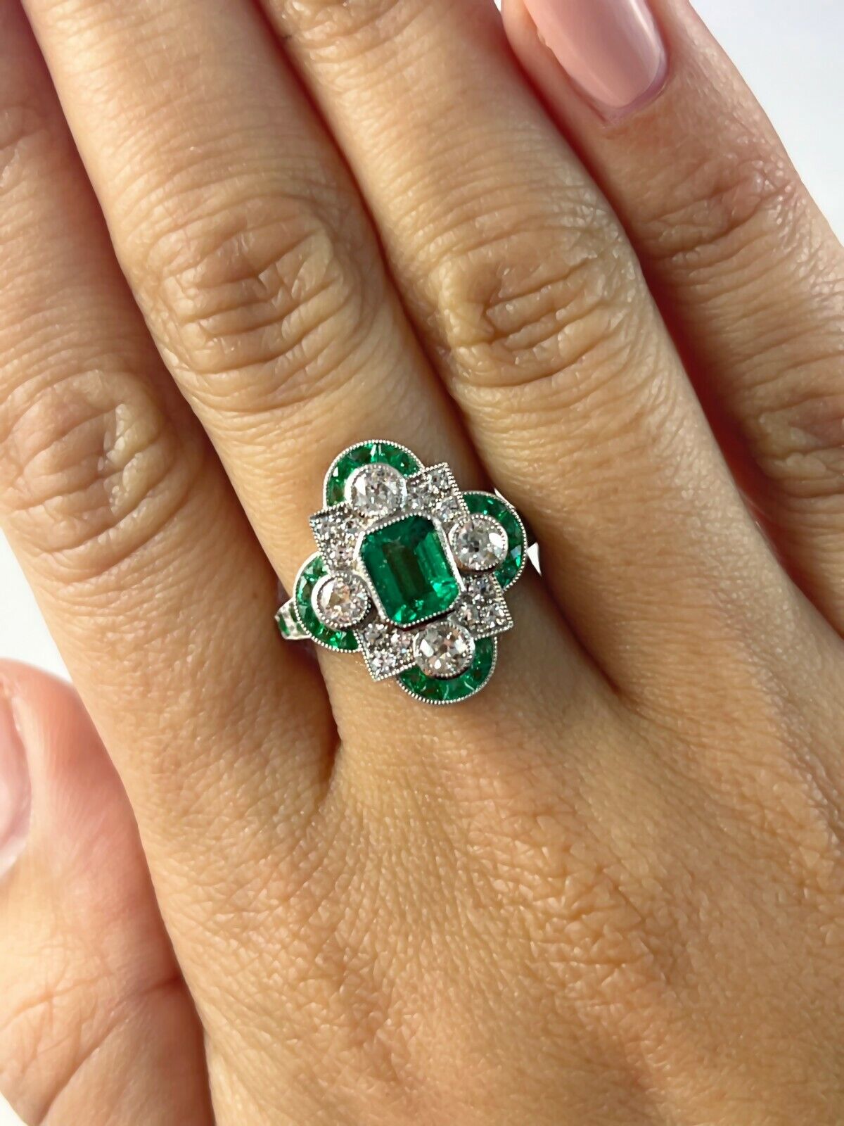 Art Deco Diamond Emerald Platinum Ring Handmade Certified Natural
