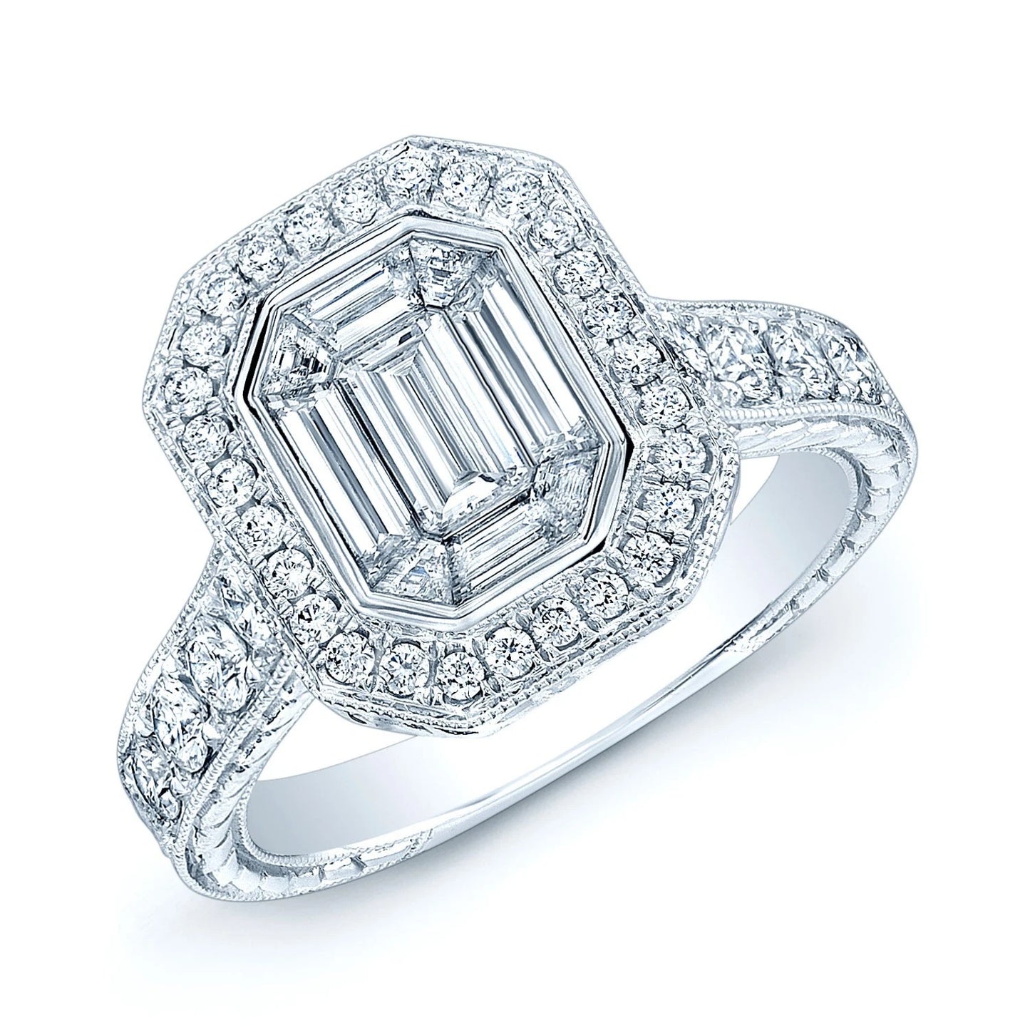 Emerald Cut Diamond Invisible Set Ring 18K White Gold Engagement Octagon 1.58CTW
