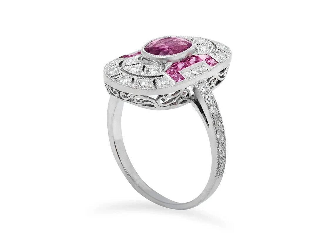 Art Deco Ruby Diamond Platinum Oval Ring Antique Inspired Natural