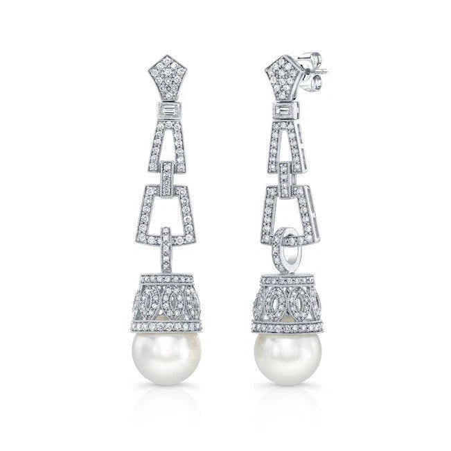 Art Deco Diamond Pearl Earrings 18K White Gold Natural 1.85CT IGI Certified