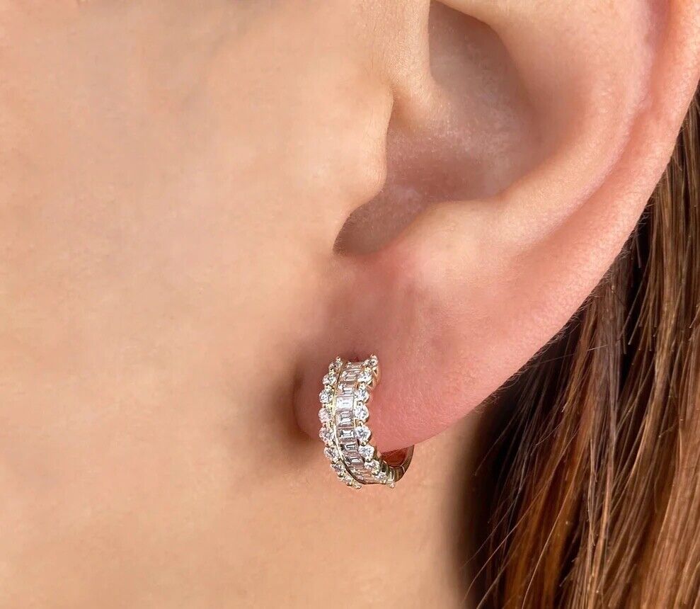 14k Gold Diamond Baguette Huggie Earrings