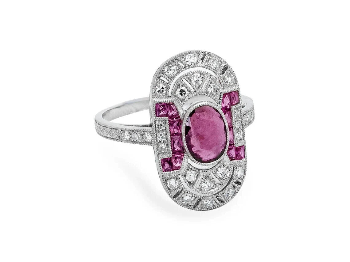 Art Deco Ruby Diamond Platinum Oval Ring Antique Inspired Natural