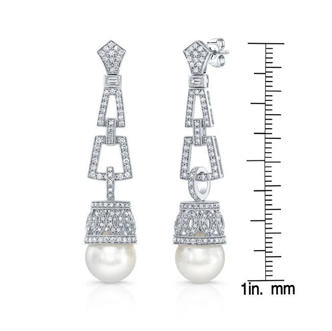 Art Deco Diamond Pearl Earrings 18K White Gold Natural 1.85CT IGI Certified