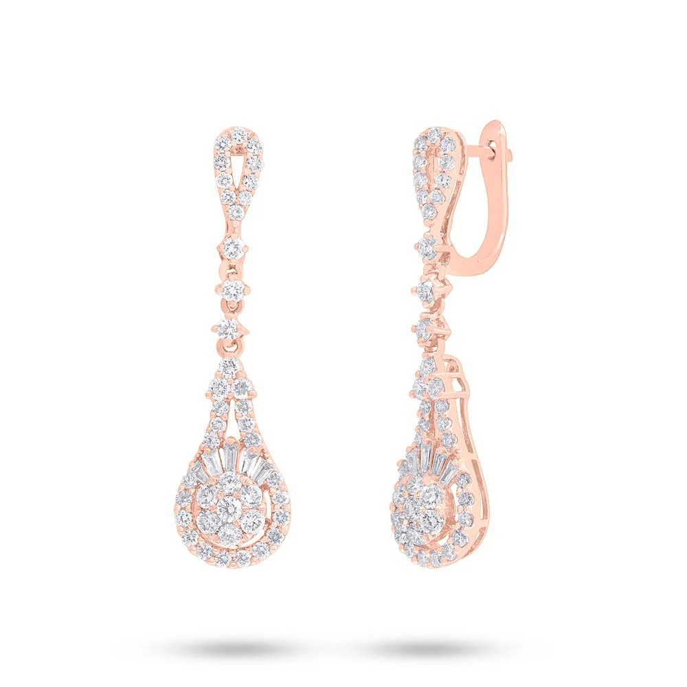 14K Rose Gold 1.40CT Baguette Round Cut Diamond Drop Earrings