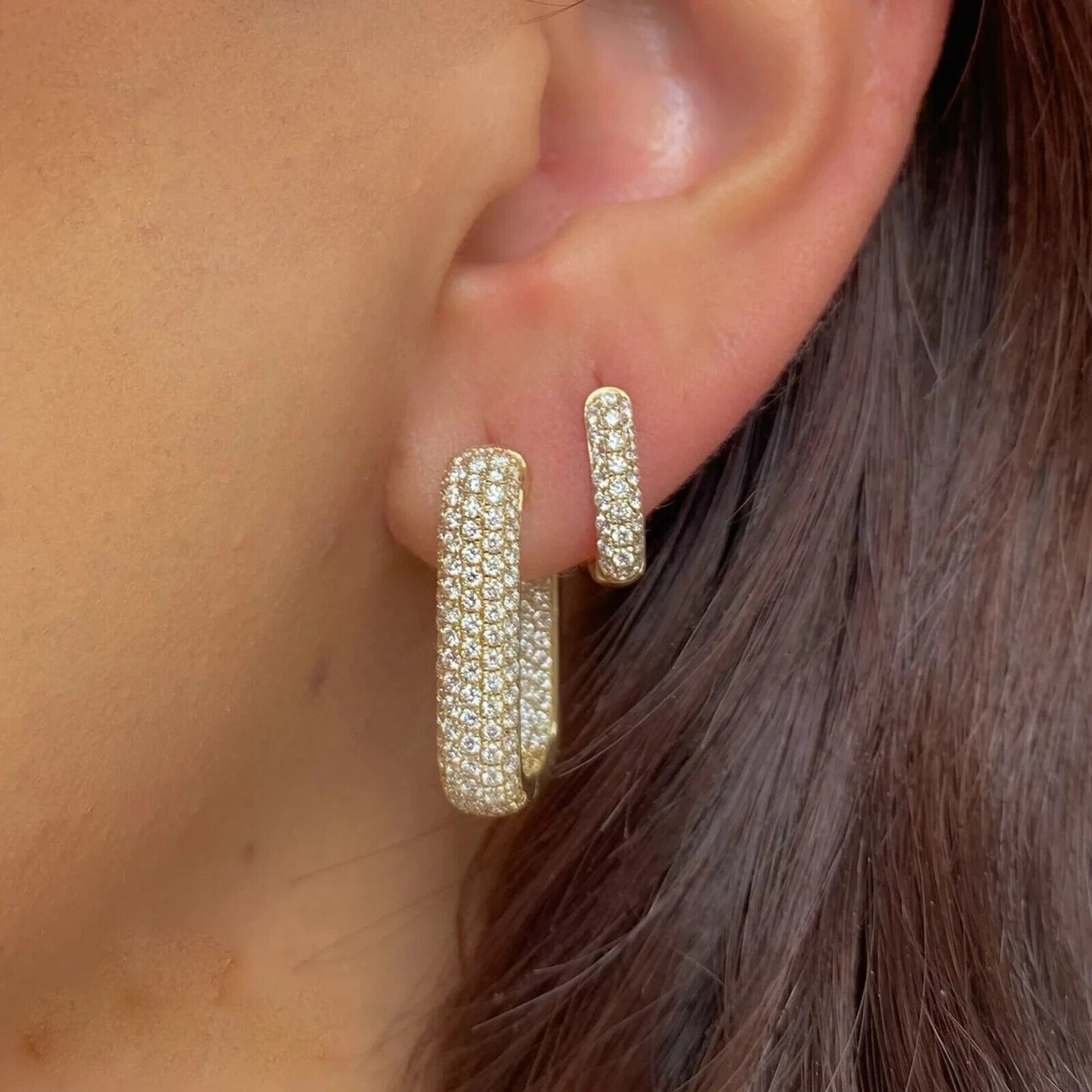 14K Gold Diamond Rectangle Hoop Earrings