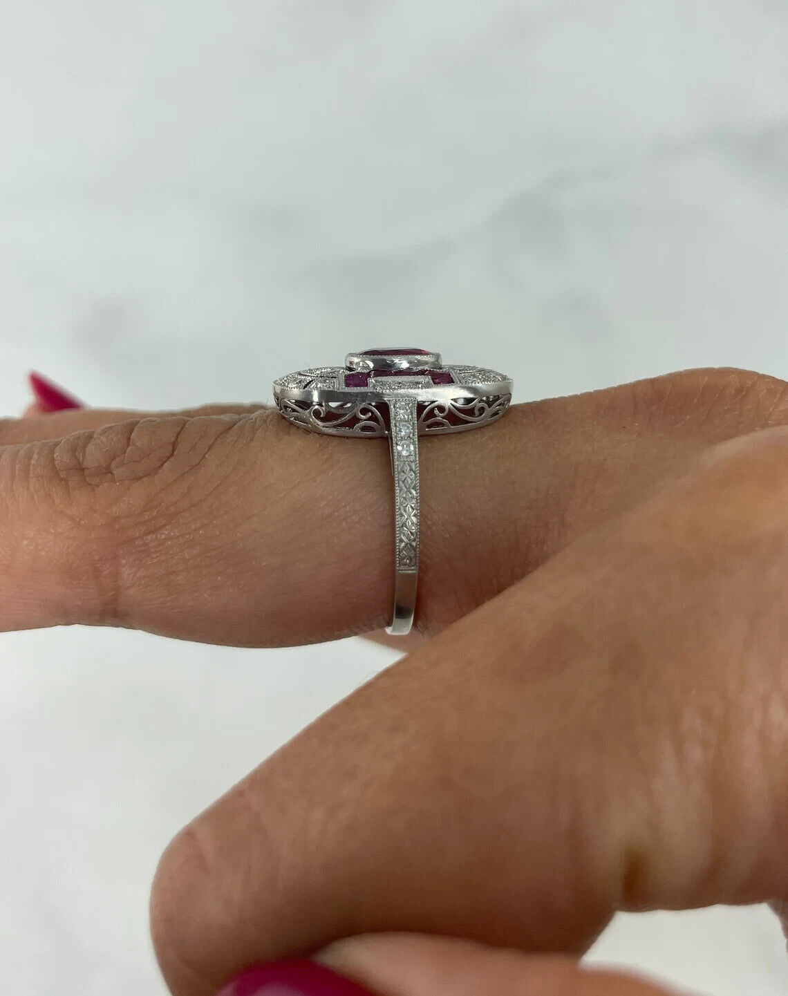Art Deco Ruby Diamond Platinum Oval Ring Antique Inspired Natural