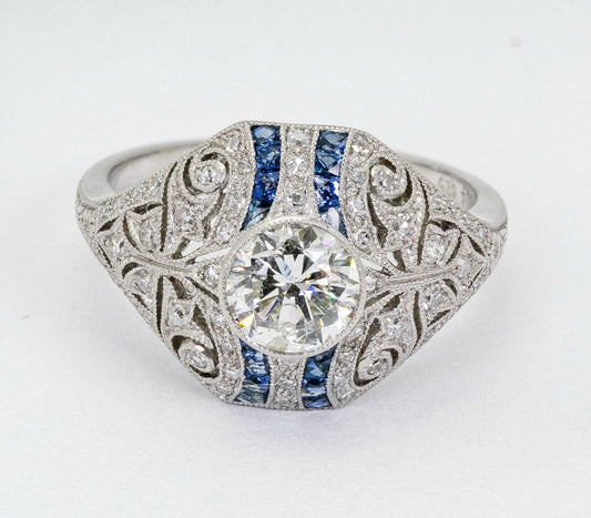 1.30 TCW Diamond & Blue Sapphire Art Deco Ring