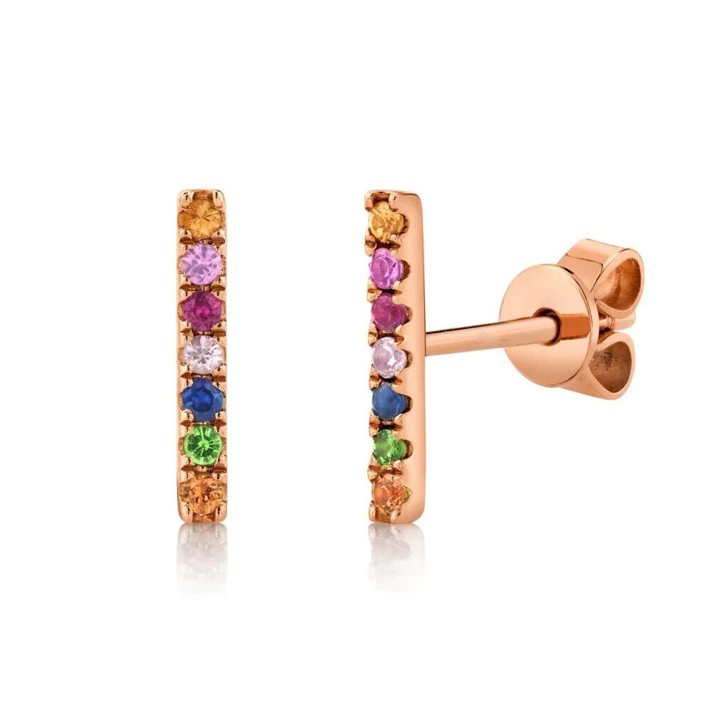 14K Gold Rainbow Gemstone Bar Stud Earrings