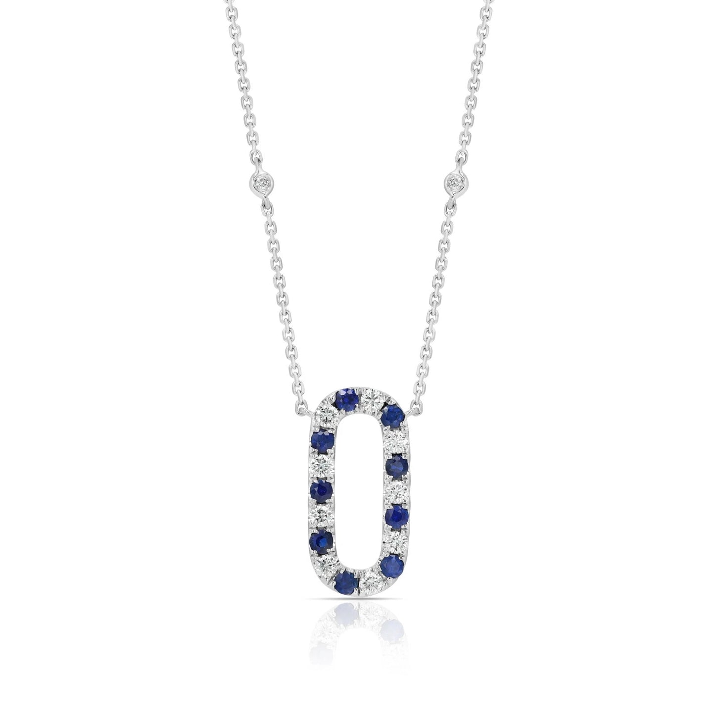 Diamond Blue Sapphire Paperclip Oval Necklace 14K White Gold Alternating 0.71CT
