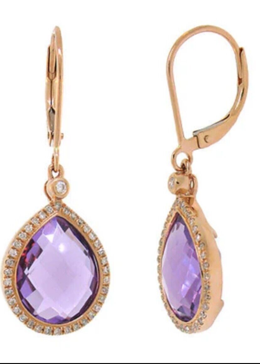 14K Rose Gold 9.15 CTW Diamond Pear Amethyst Teardrop Earrings