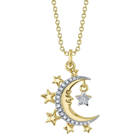 14K Gold Diamond Star Crescent Moon Necklace